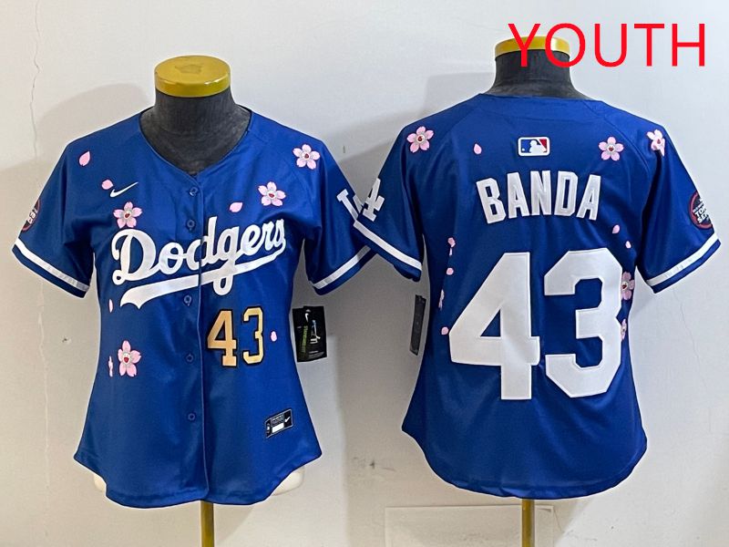Youth Los Angeles Dodgers #43 Banda Blue White Blue Sakura Edition 2025 Nike MLB Jersey style 3
